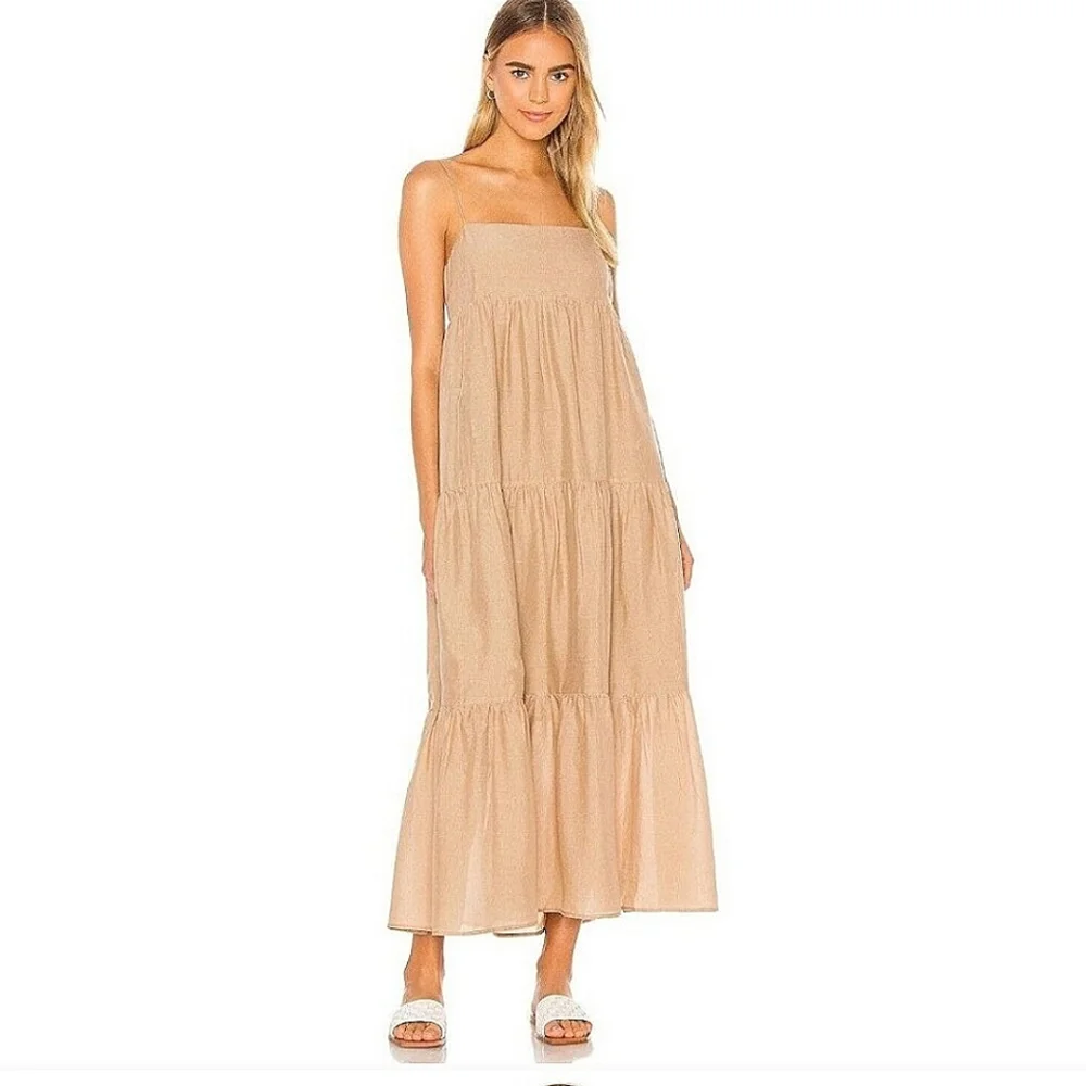 REVOLVE L' Academie Kiyama Maxi Dress Size Large Tan Oat Pockets Linen Blend - Picture 2 of 12